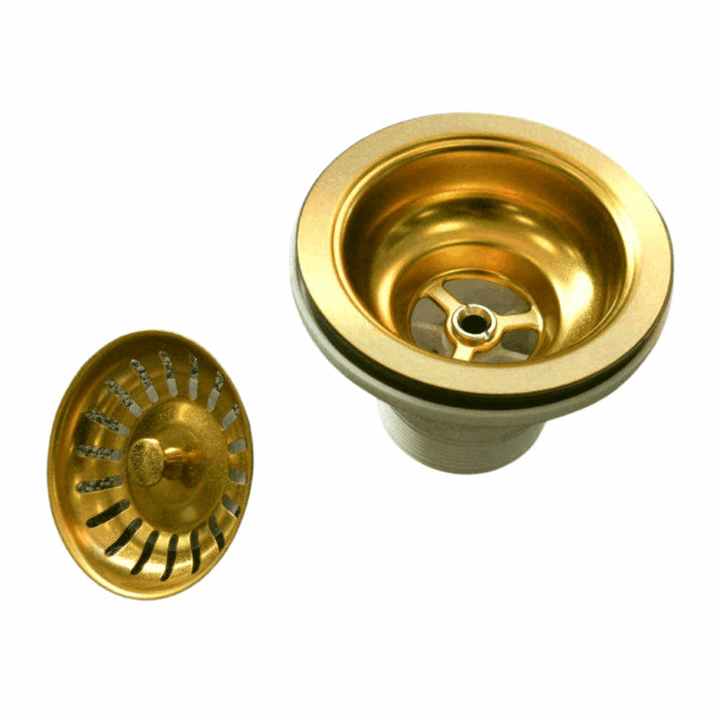 Gold kitchen sink strainer and stopper set on white background.