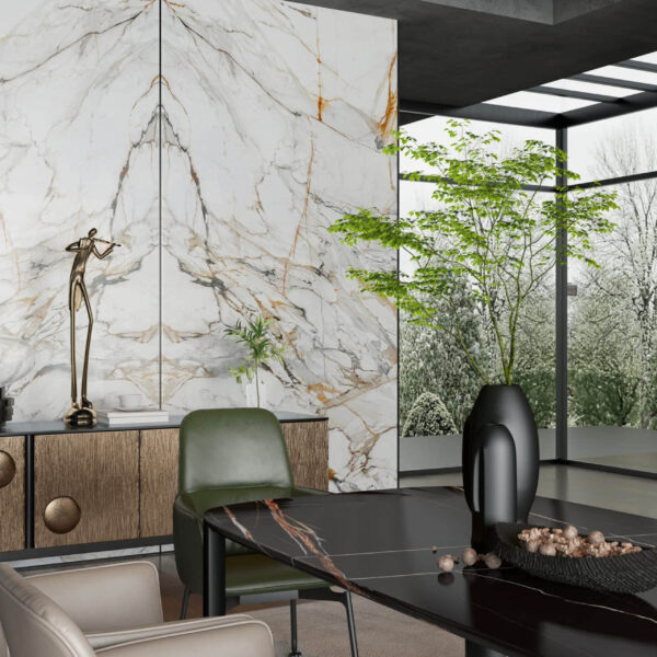 Modern living room with marble wall, green chair, and large window view.