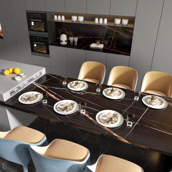 Modern kitchen with black stone island and dining table set for six.
