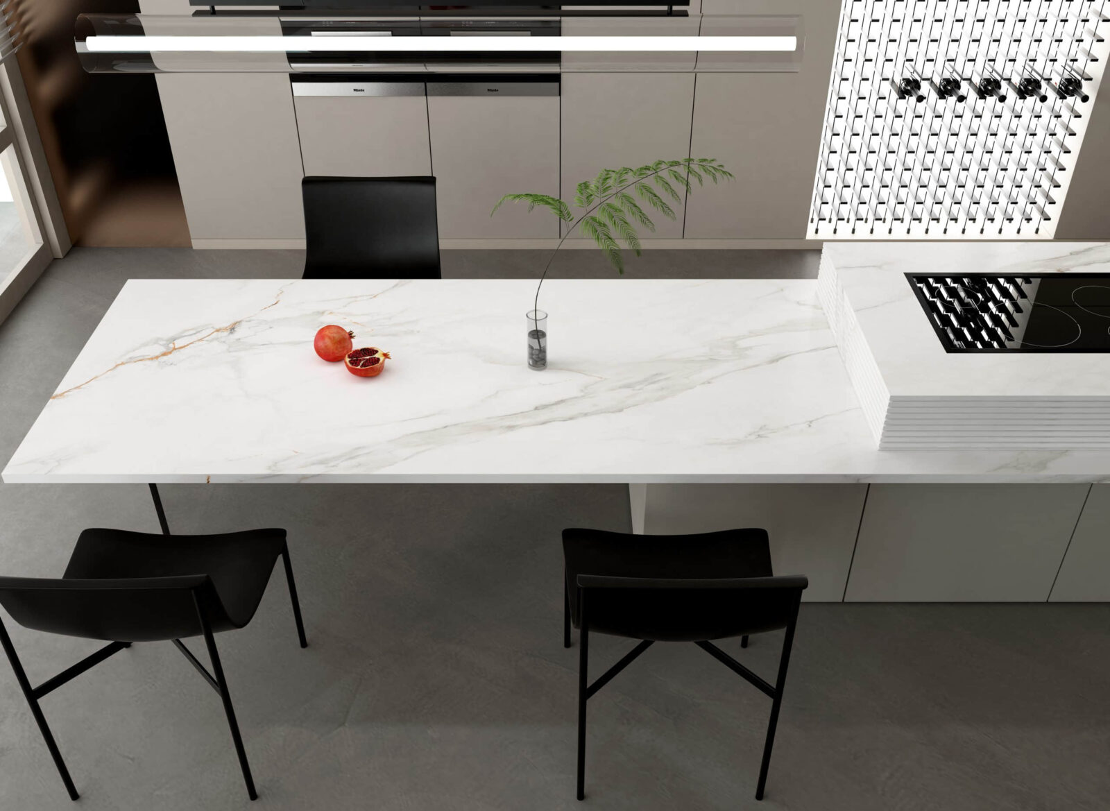 Modern kitchen with marble countertop and minimalist decor.