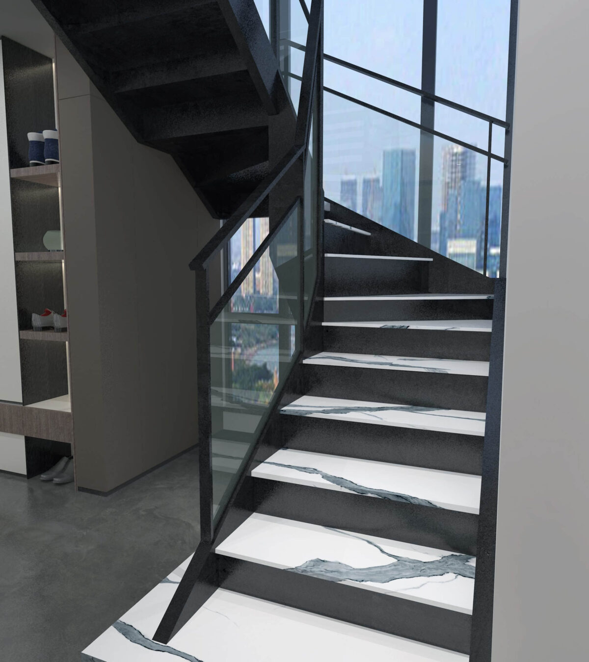 Modern staircase with glass railing and marble steps in a contemporary interior.