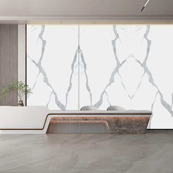 Modern interior with marble-patterned wall and sleek reception desk.