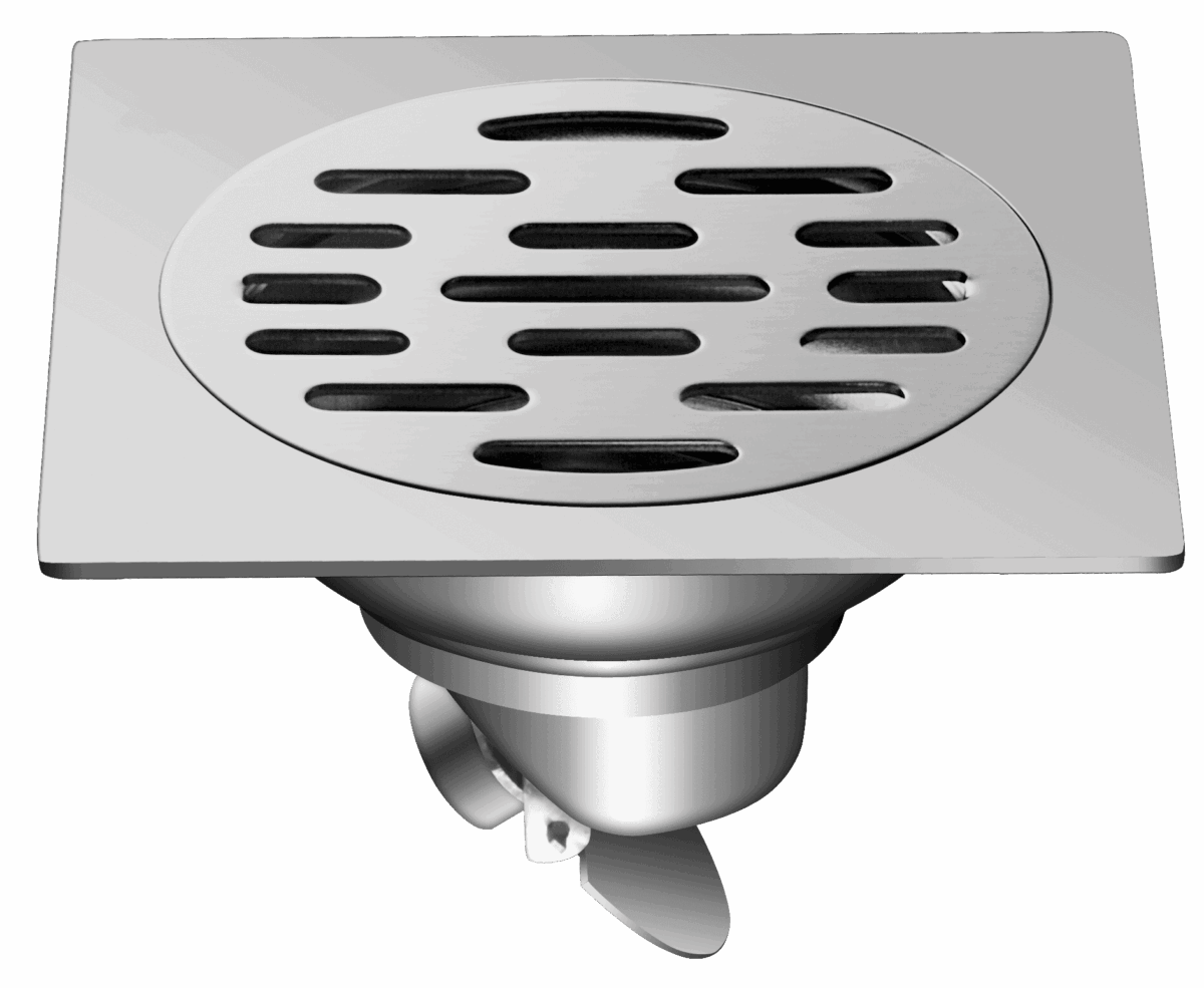 Stainless steel floor drain with slotted cover.