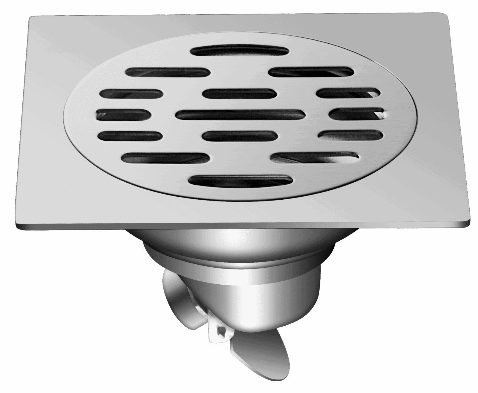 Stainless steel floor drain with slotted cover.