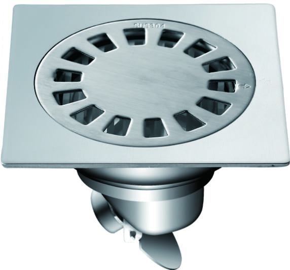 Square stainless steel floor drain with circular grate design.
