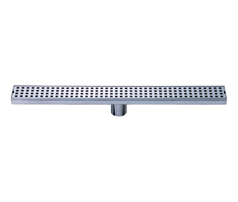 Stainless steel linear shower drain with square holes.