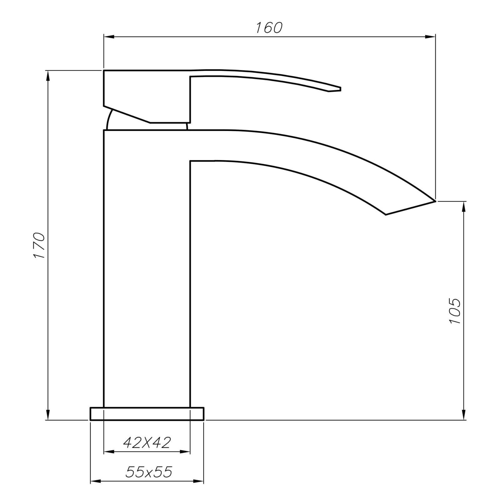 Line drawing of a modern kitchen faucet with dimensions.