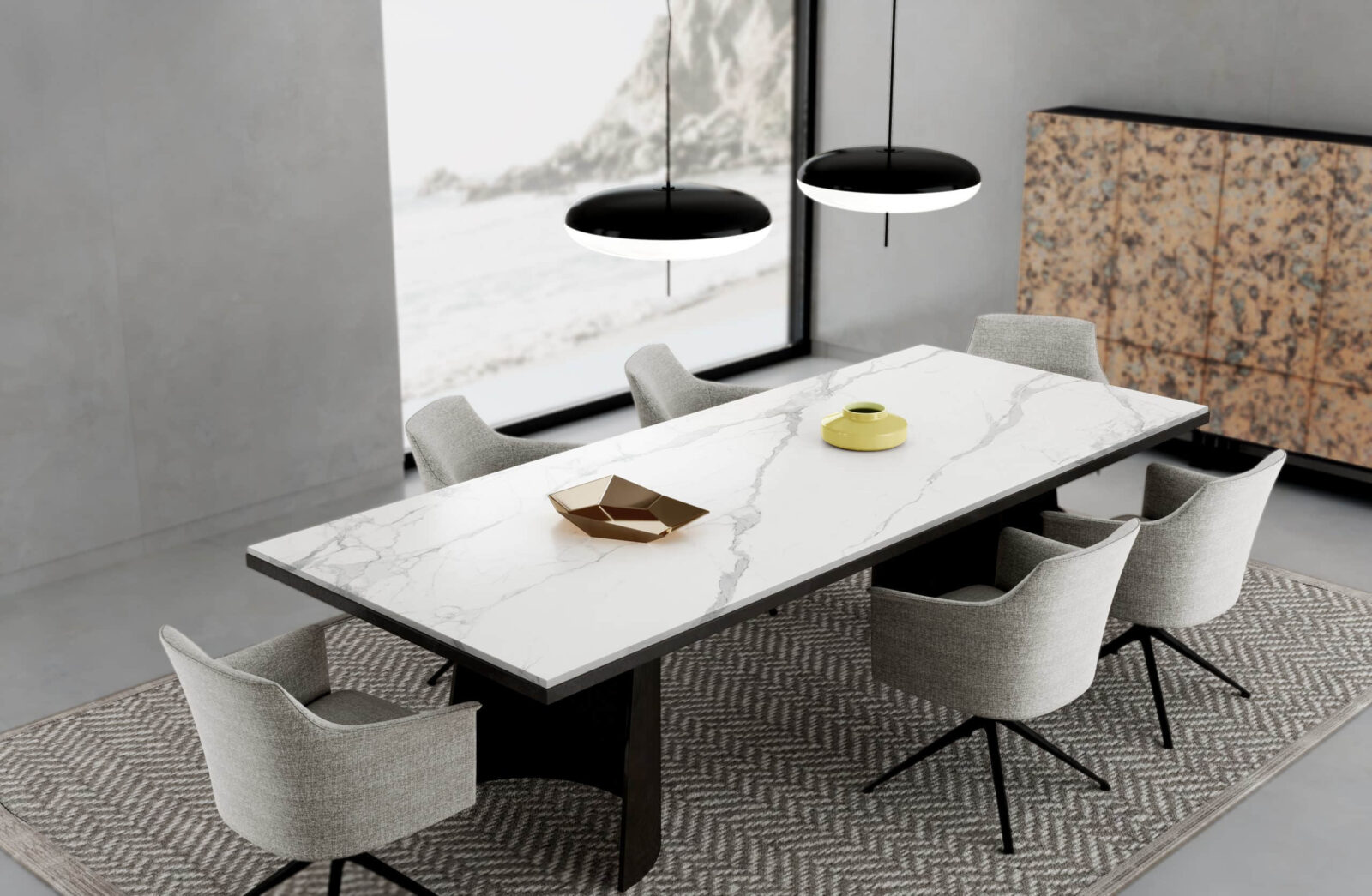 Modern dining room with marble table, gray chairs, and pendant lights.