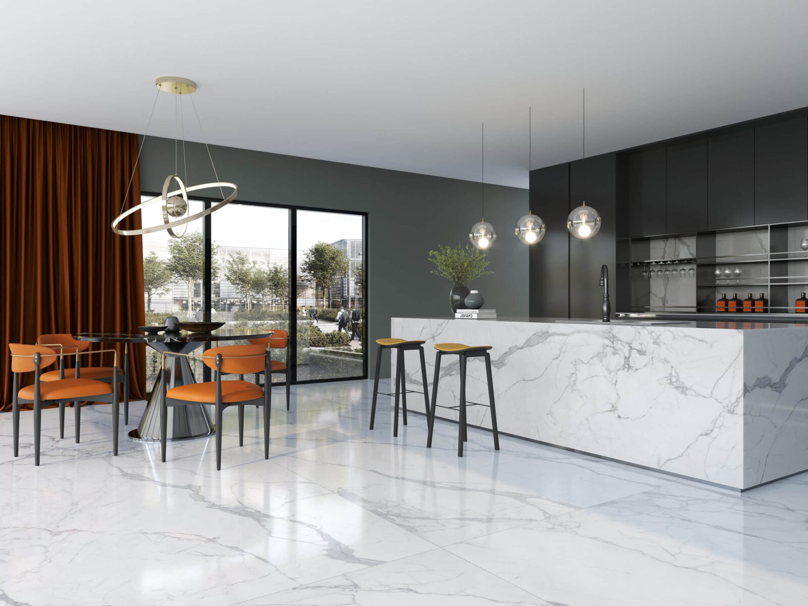 Modern kitchen with marble island, pendant lights, and orange chairs.