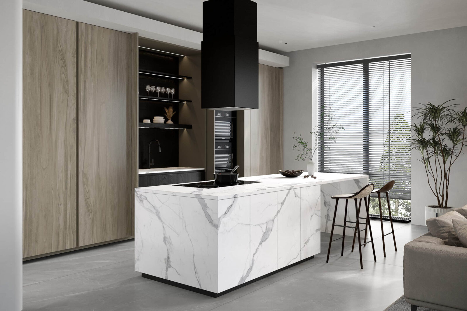 Modern kitchen with marble island, wooden cabinets, and bar stools.