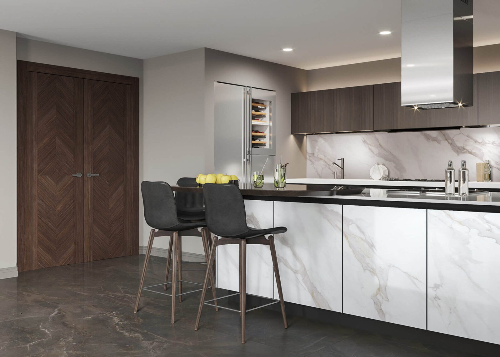 Modern kitchen with marble countertops and bar stools.
