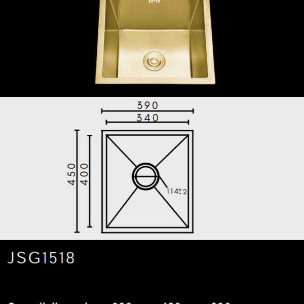 Gold kitchen sink with dimensions: 390x450mm. Model JSG1518.