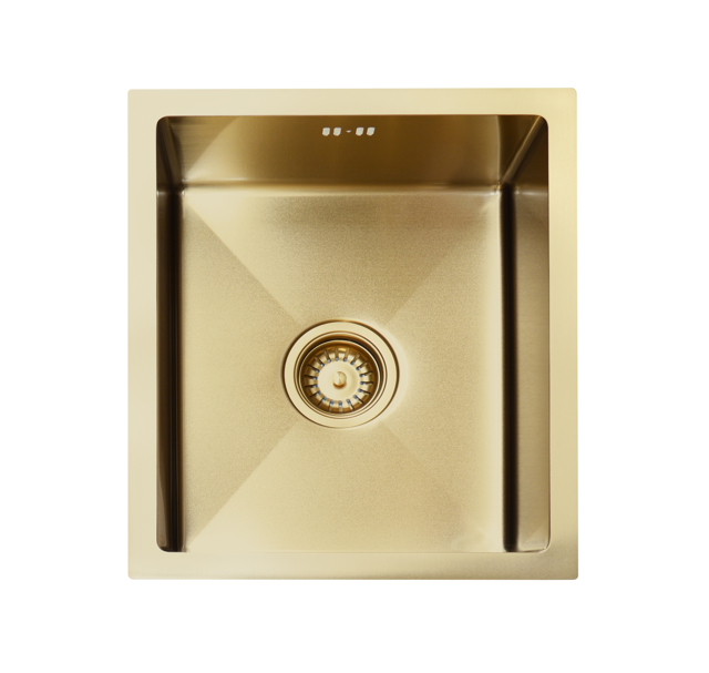 Gold square kitchen sink with drain, top view.