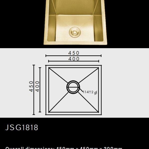 Gold square kitchen sink with dimensions 450mm x 450mm x 200mm.
