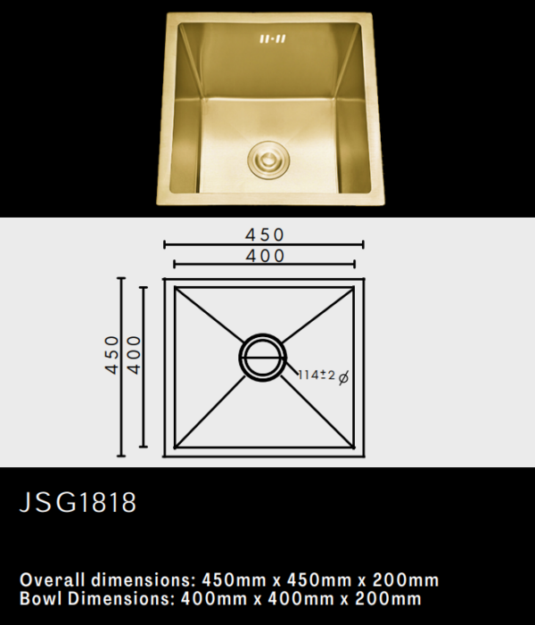 Gold square kitchen sink with dimensions 450mm x 450mm x 200mm.