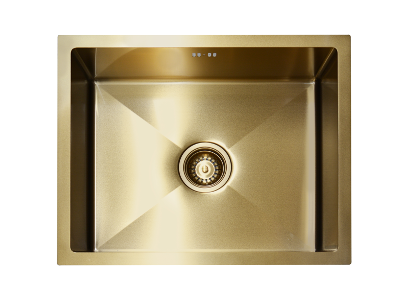 Gold stainless steel kitchen sink, top view.