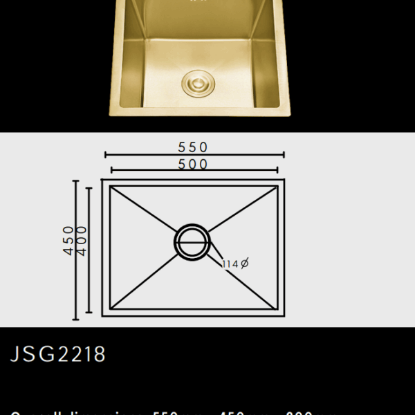 Gold kitchen sink with dimensions and model number JSG2218 displayed.