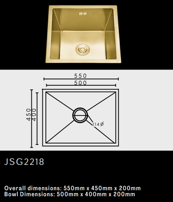 Gold kitchen sink with dimensions and model number JSG2218 displayed.