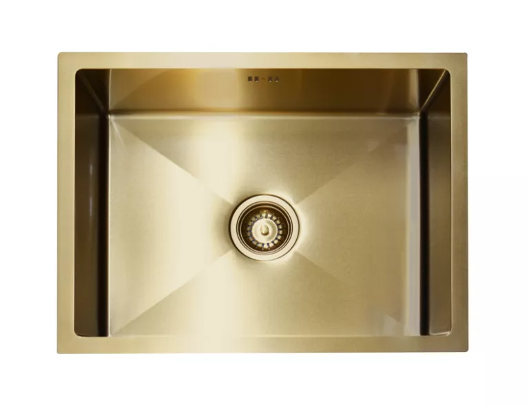 Gold stainless steel kitchen sink, top view.