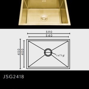 Gold kitchen sink with dimensions: 590x450x200mm, bowl 540x400x200mm. Model JSG2418.
