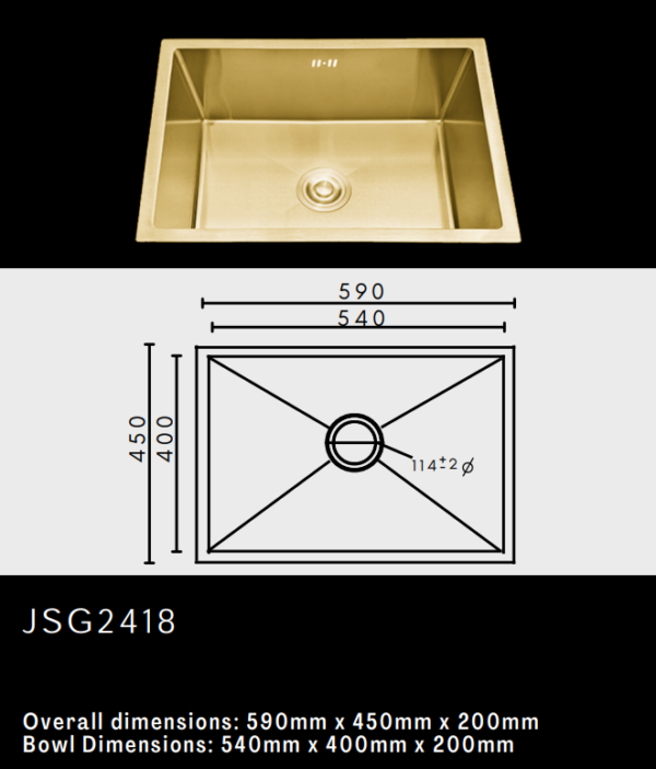 Gold kitchen sink with dimensions: 590x450x200mm, bowl 540x400x200mm. Model JSG2418.