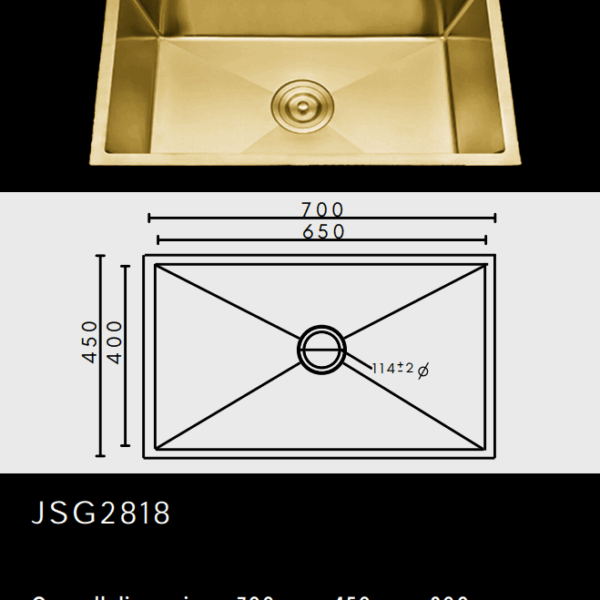 Gold kitchen sink with dimensions: 700x450x200 mm.