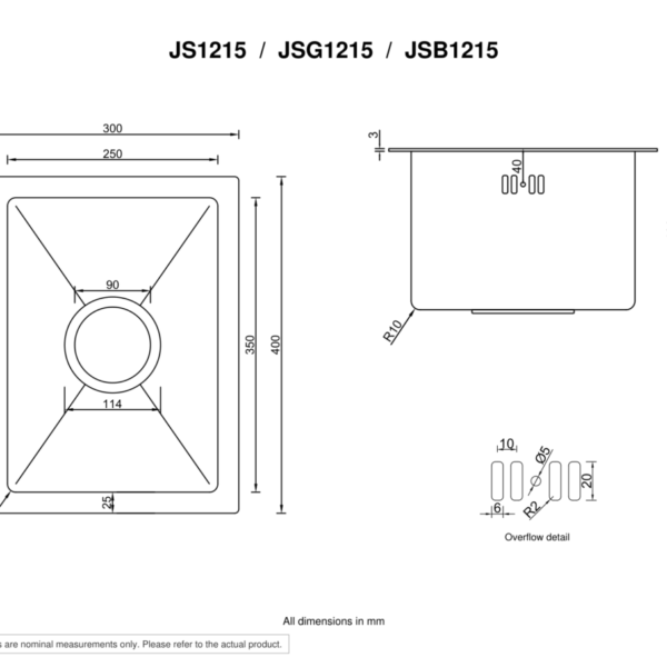 JS1215 / JSG1215 / JSB1215 sink dimensions — 300 × 400 × 180 mm