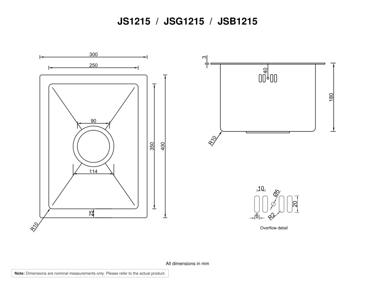 JS1215 / JSG1215 / JSB1215 sink dimensions — 300 × 400 × 180 mm